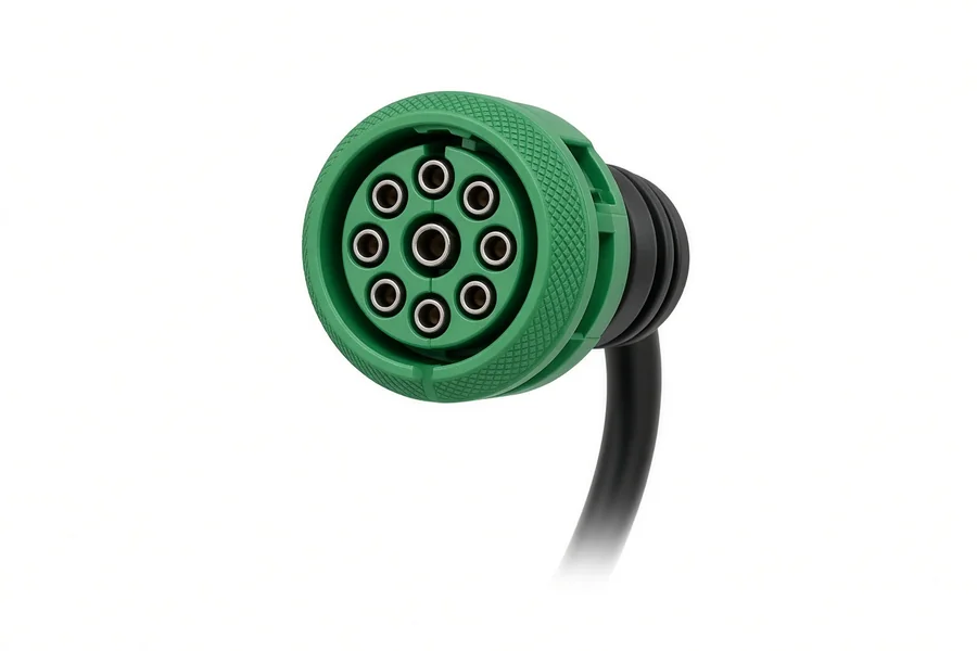 Green circular 9-pin J1939 cable connector with a short cable fading into white