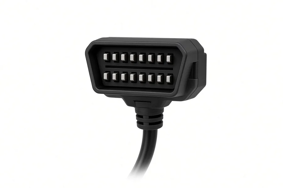 Black trapezoidal 16-pin OBD-style cable connector with a short cable fading into white