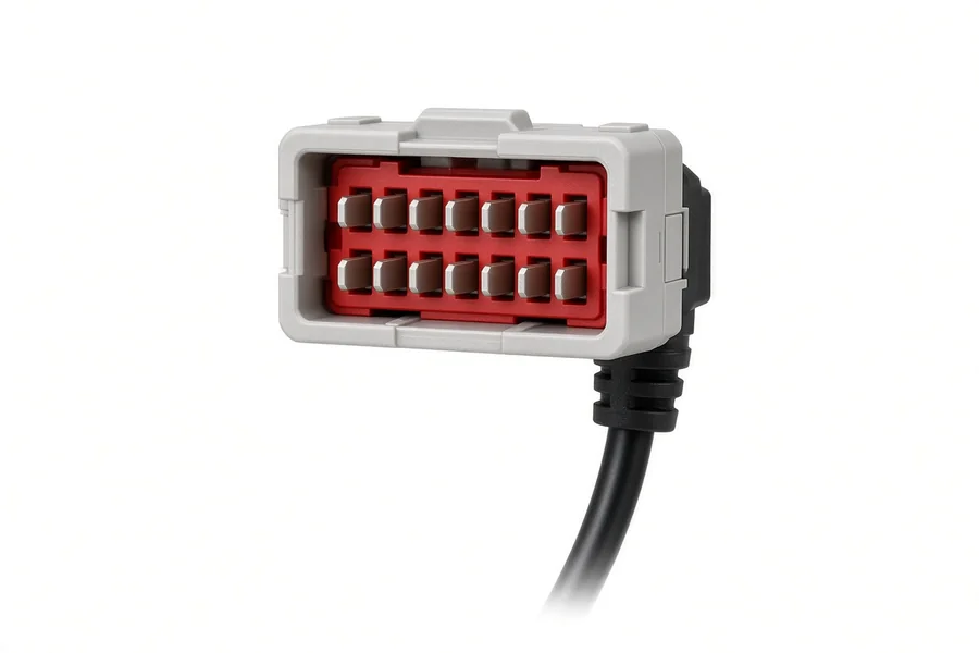 Gray 14-position RP1226 cable connector with a short cable fading into white